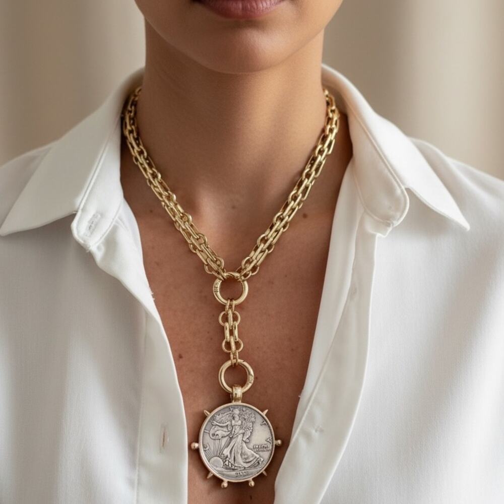 Gold Walking Liberty 1900 Coin Statement Necklace Y Lariat